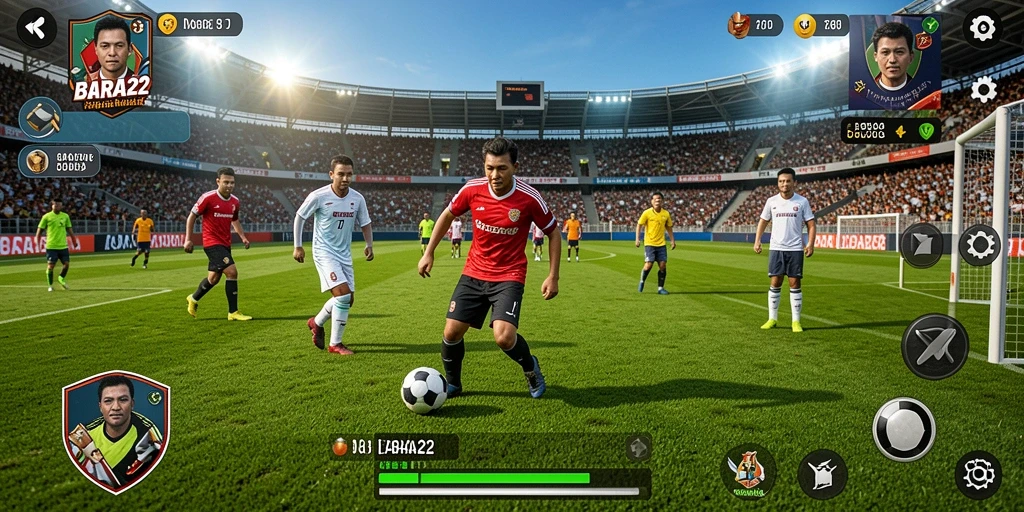 Tampilan gameplay seru dalam BARA22 dengan aksi sepak bola yang mendebarkan.