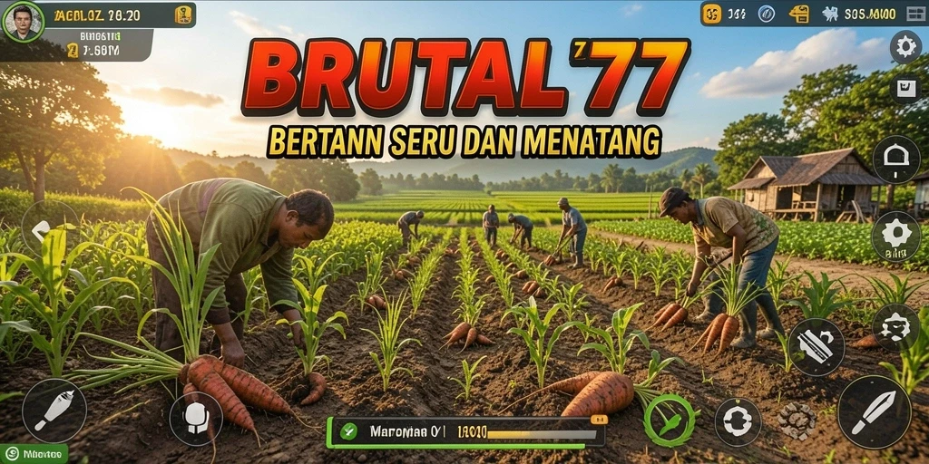 Screenshot gameplay <strong>BRUTAL77</strong> menampilkan aktivitas bertani yang menarik dan beragam.