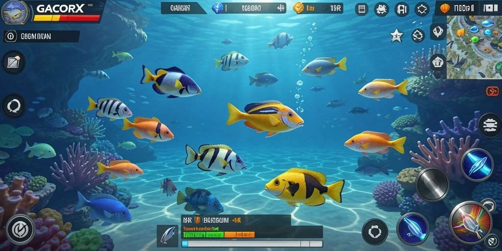 Tampilan gameplay GACORX dengan berbagai ikan yang menunggu untuk ditembak.